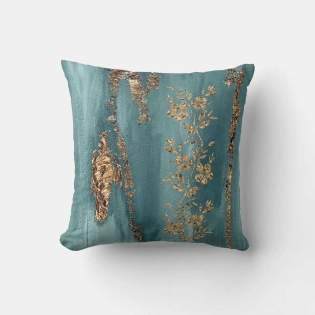 Türkis- und Gold-Foil-Blume Kissen (Vorderseite)
