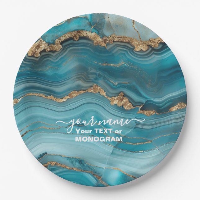 Türkis und Gold Glitzer Agate Pappteller (Vorderseite)