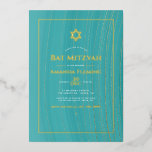 Türkis und Gold Imitate Agate Bat Mitzvah Foto Fu Folieneinladung<br><div class="desc">Cooles Aquarellgerät Bat Mitzvah Einladung in Akzenten von Türkis - aquamarin und Gold angepasst an Ihre Event-Besonderheiten. Es wird ein Foto im Porträtformat empfohlen.</div>