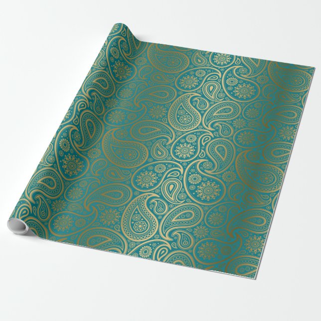 Türkis und Gold Paisley Muster Geschenkpapier (Ungerollt)