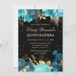 Türkis und Gold Rose Blumenquinceanera Einladung