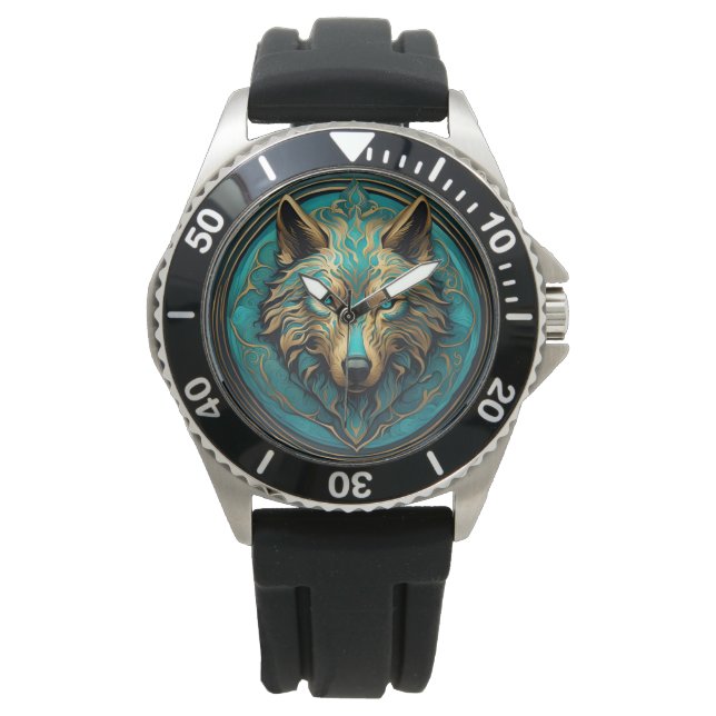 Türkis und Gold Wolf Armbanduhr (Vorderseite)