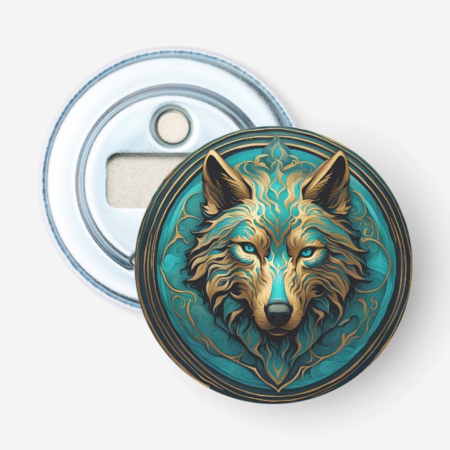 Türkis und Gold Wolf Flaschenöffner (Vorderseite)