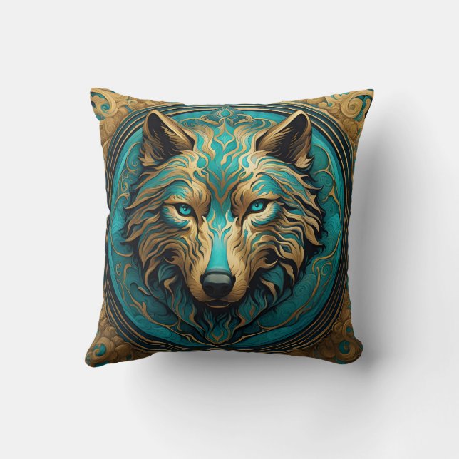 Türkis und Gold Wolf Kissen (Rückseite)