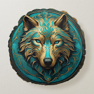Türkis und Gold Wolf Rundes Kissen