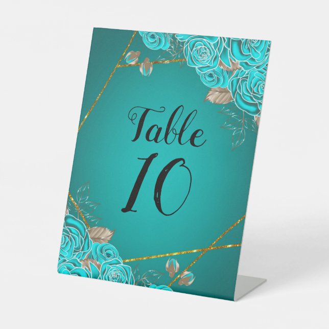 Türkis und Goldflorale Hochzeitsfeier Tischnummer Sockelschild (Vorderseite)
