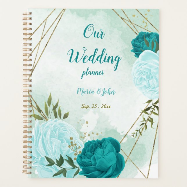 Türkis und hellblaue Blumen Grüne Hochzeit Planer (Vorderseite)