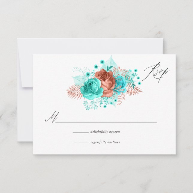 Türkis und Korallen Rustikale Blumenhochzeit RSVP Karte (Vorderseite)
