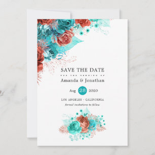 Türkis und Korallenblume Glitzer Hochzeit Save The Date