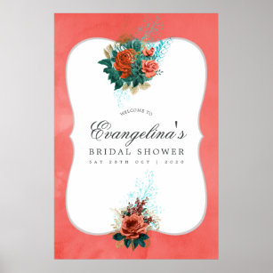 Türkis und Korallenblumen Brautparty Empfang Poster