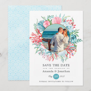 Türkis- und Korallenrote Sommer-Strand-Hochzeitsfo Save The Date