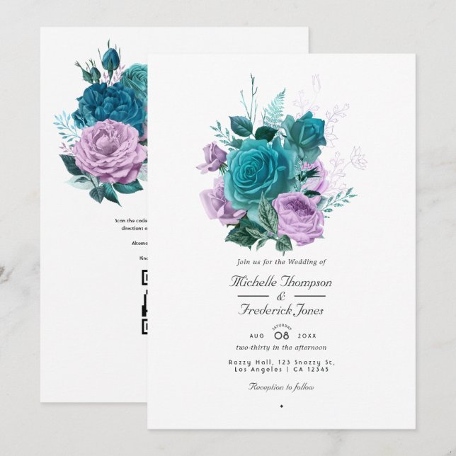 Türkis und Lavendel QR-Code Hochzeit Einladung (Vorne/Hinten)