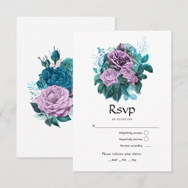 Türkis und Lavender Floral Wedding RSVP Karte (Vorne/Hinten)