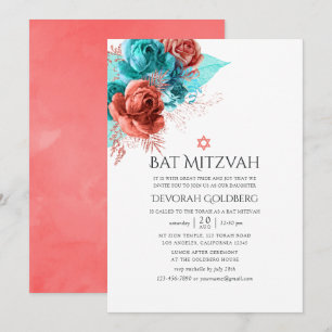 Türkis und lebende Korallen Floral Bat Mitzvah Einladung