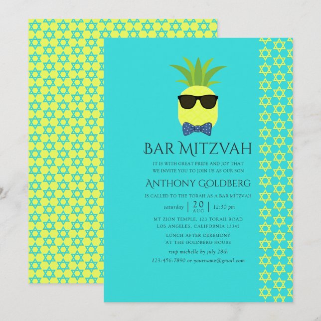 Türkis und Lemon Tropical Summer Bar Mitzvah Einladung (Vorne/Hinten)