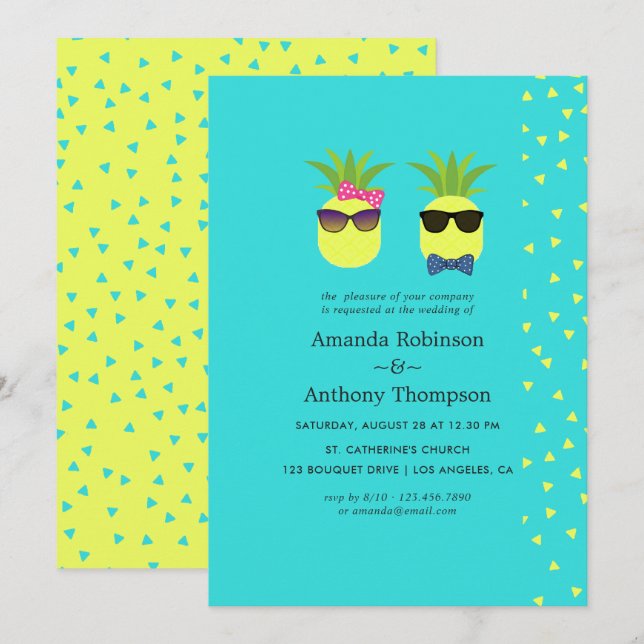 Türkis und Lemon Tropical Summer Beach Hochzeit Einladung (Vorne/Hinten)