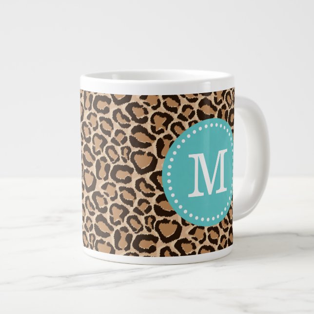 Türkis und Leopard Print Custom Monogram Jumbo-Tasse (Vorderseite Rechts)