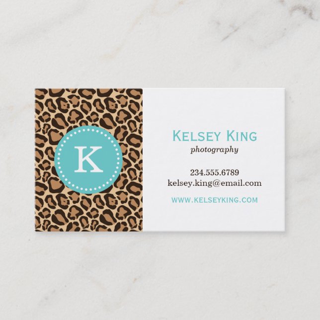 Türkis und Leopard Print Custom Monogram Visitenkarte (Vorderseite)