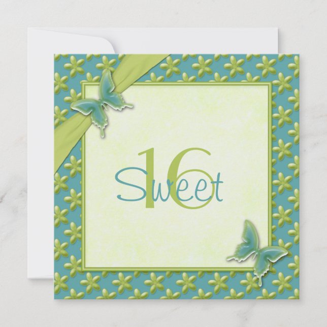 Türkis und Limoner Schmetterling 16. Geburtstag Einladung (Vorderseite)