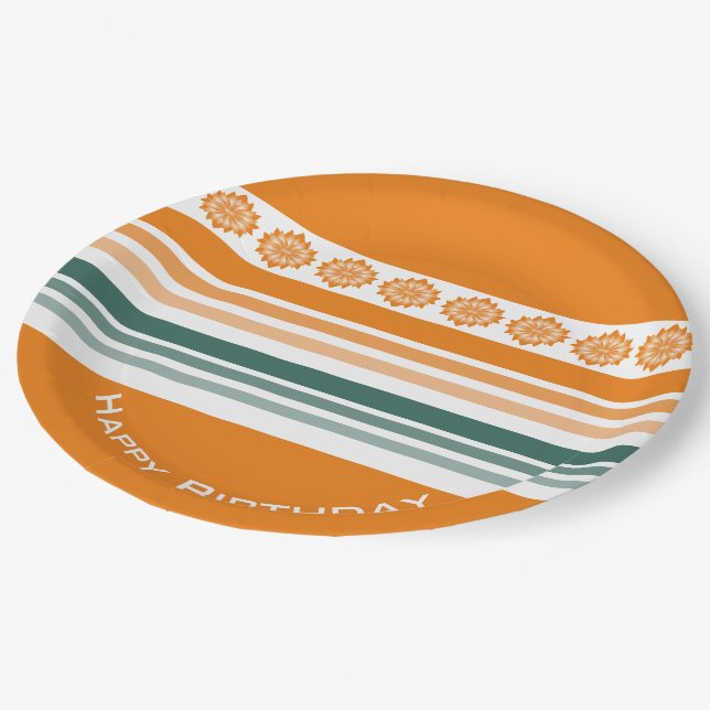 Türkis und Orange Streifen Pappteller (Schrägansicht)
