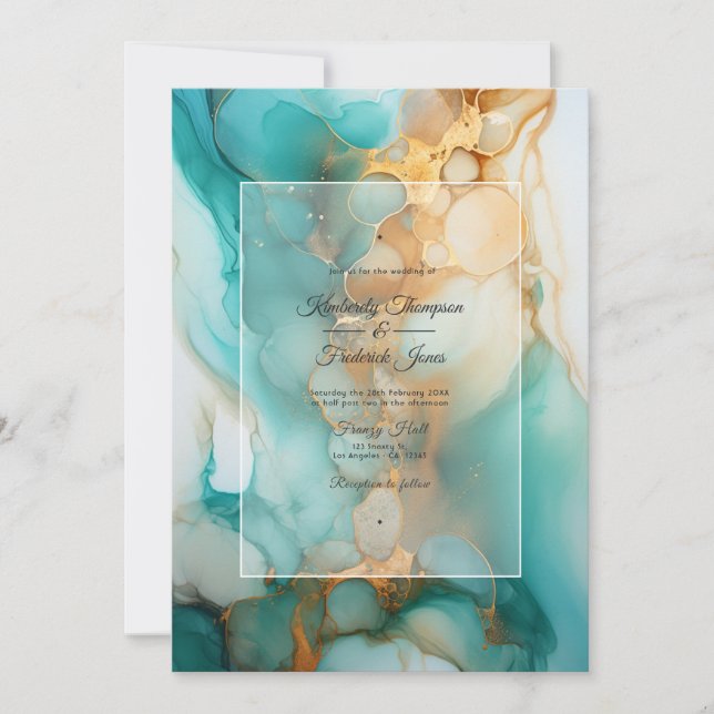 Türkis und Patina Alkohol Tinte Wedding Einladung (Vorderseite)