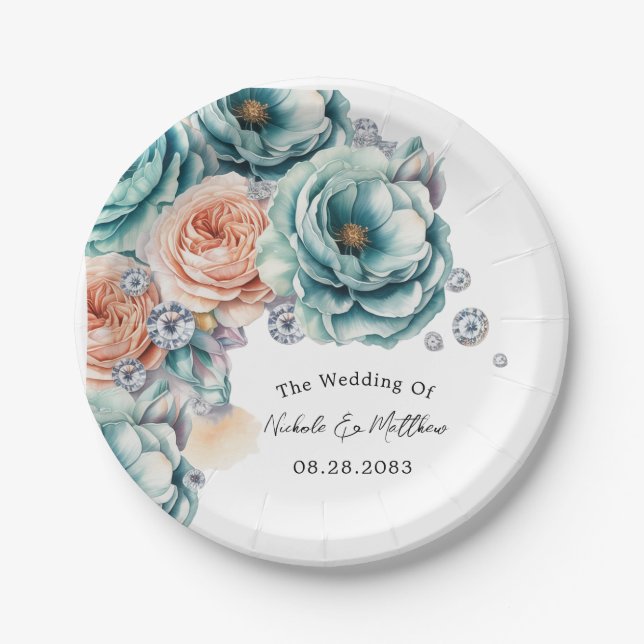 Türkis und Peach Diamond Wedding Pappteller (Vorderseite)