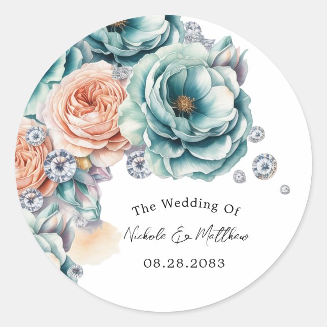 Türkis und Peach Diamond Wedding Runder Aufkleber (Vorderseite)