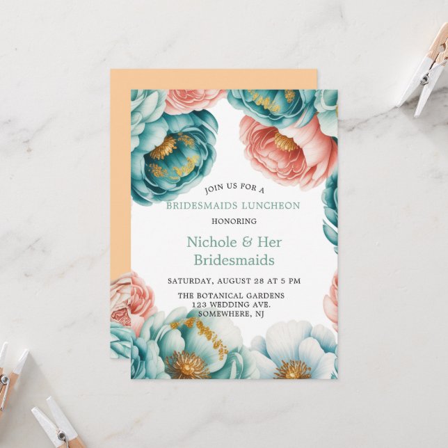 Türkis und Peach Rose Bridesmaids Luncheon Einladung (Vorderseite/Rückseite Beispiel)