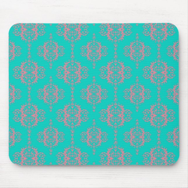 Türkis- und PInk-Damask-Muster Mousepad (Vorne)