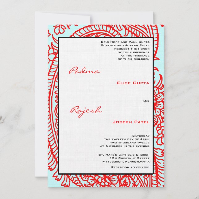Türkis und Red Paisley Indian Wedding Einladung (Vorderseite)
