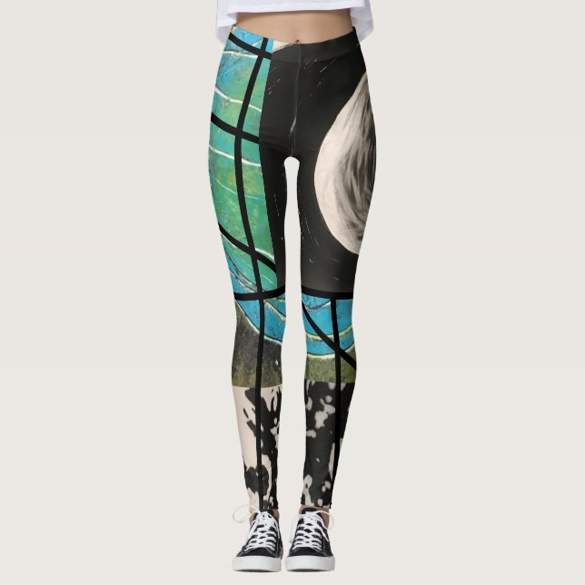 Türkis und schwarze Streifen Leggings (Vorderseite)