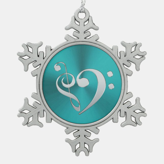 Türkis-und Silber-Musikclef-Herz Schneeflocken Zinn-Ornament (Vorderseite)