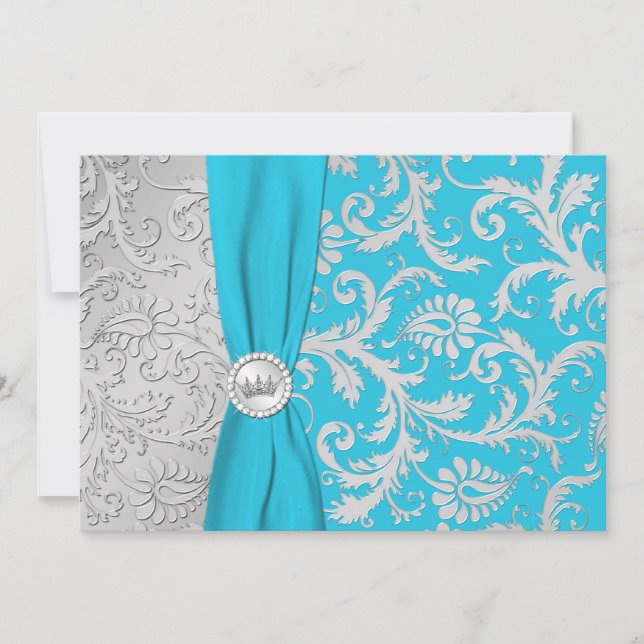 Türkis und Silberner Damask Quinceanera Einladung (Vorderseite)