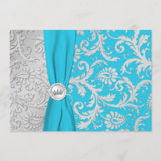 Türkis und Silberner Damask Quinceanera Einladung