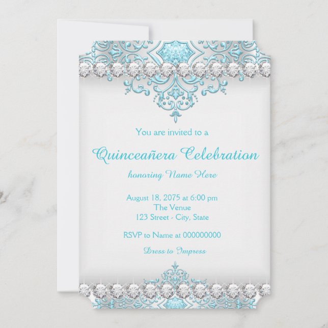 Türkis und Silver Diamond Quinceanera Einladung (Vorderseite)