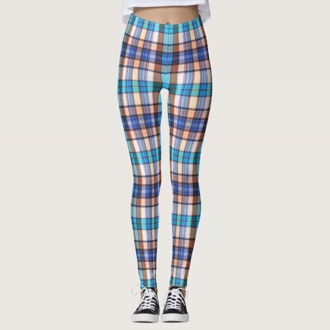 Türkis und Tan Kariert Leggings (Vorderseite)