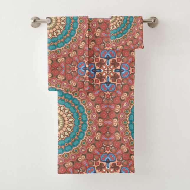 Türkis und Terracotta Geometric Mandala Pattern Badhandtuch Set (Insitu)