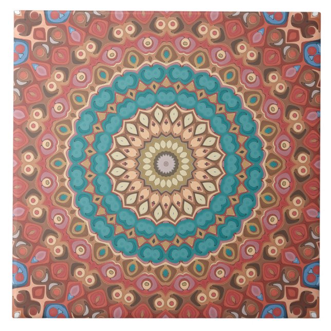Türkis und Terracotta Geometric Mandala Pattern Fliese (Vorderseite)