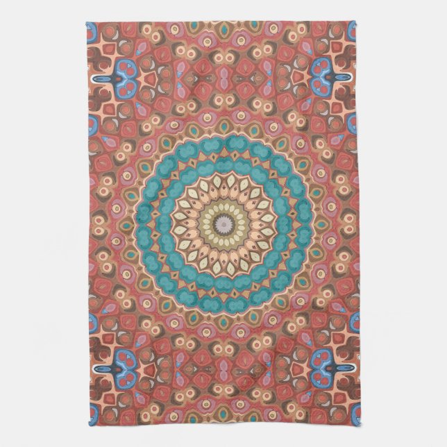 Türkis und Terracotta Geometric Mandala Pattern Geschirrtuch (Vertikal)