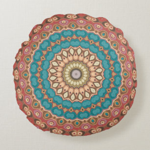 Türkis und Terracotta Geometric Mandala Pattern Rundes Kissen