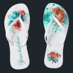 Türkis und tropische Gastgeschenk Hochzeit der Kor Flip Flops<br><div class="desc">Türkisblaue und korallenfarbene Rose und tropisches Blattwerk Sommerliche Gastgeschenke Hochzeiten,  die schnell und einfach auf Ihre Veranstaltungsspezifikationen zugeschnitten sind.</div>