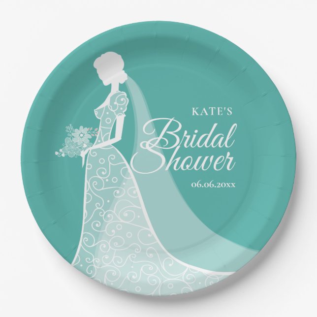 Türkis und Weiß Elegante Spitzen Gown Bridal Pappteller (Vorderseite)