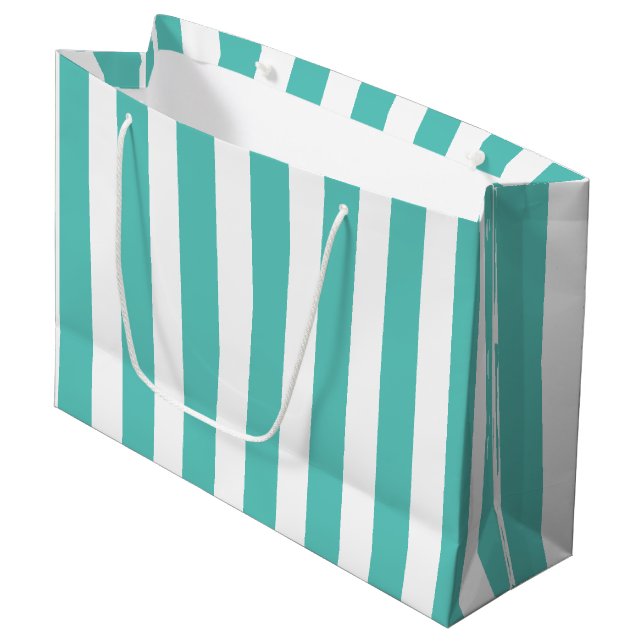 Türkis und weiß gestreift große geschenktüte (Vorderseite Schrägansicht)