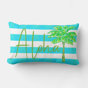 Türkis und Weiß Streifen Palme Tree Aloha Kissen Für Draußen