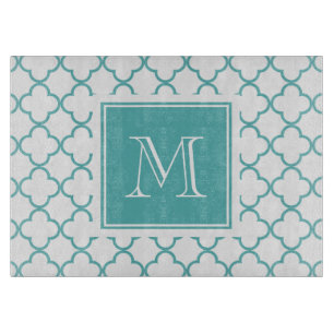 Türkis und weißes Quatrefoil Ihr Monogramm Schneidebrett