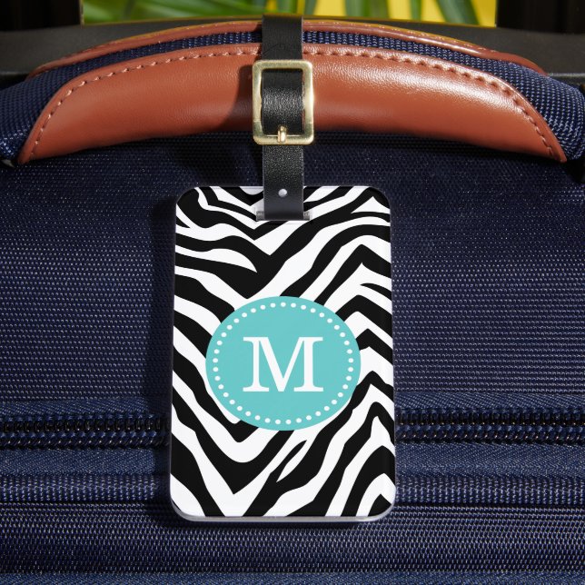 Türkis und Zebra Print Custom Monogram Gepäckanhänger (Vorderseite Insitu 2)