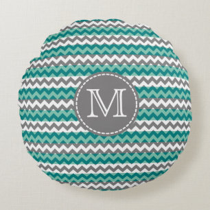 Türkis und Zickzack Zigzag Monogramm Rundes Kissen