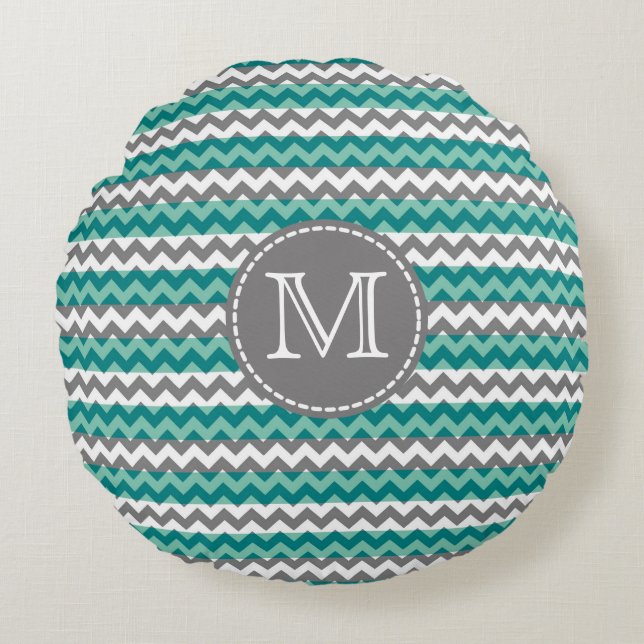 Türkis und Zickzack Zigzag Monogramm Rundes Kissen (Vorderseite)