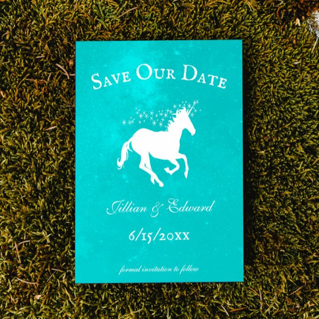Türkis Unicorn Ankündigung Datum freihalten (Turquoise Unicorn Save the Date Wedding Announcement)