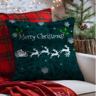Türkis Weihnachtsmann-Schlitten und Rentiere Wurfk Kissen